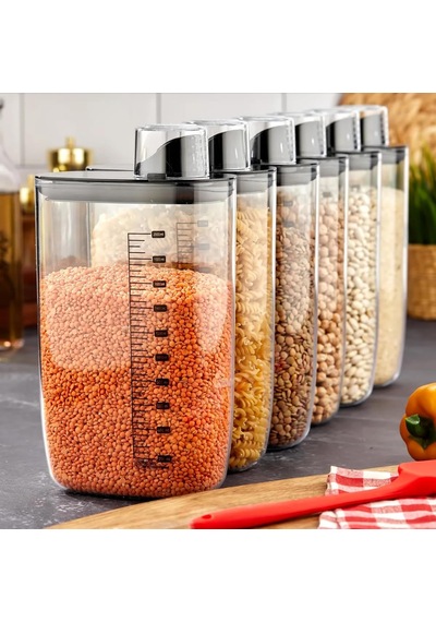 6'lı Vakumlu Hava Geçirmez Ölçekli Siyah Saklama Kabı Seti - 2000 Ml Ölçü Kapaklı Bakliyat Kabı Seti