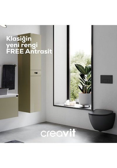 Creavit Free Kanalsız Mat Antrasit Asma Klozet Fe322, Creavit Free Duck Duroplast Yavaş Kapak Mat Antrasit