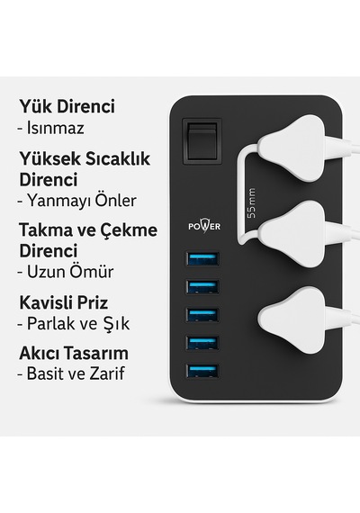 Uzatma Kablosu 6 Usb 3 Priz Girişli Aşırı Gerilim Koruyuculu T09