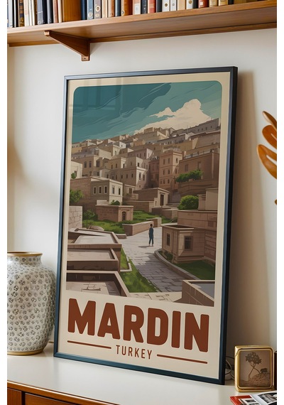 Mardin Tablo - Retro Travel Poster - Tarihi Şehir Duvar Dekoru - Çerçeveli Şehir İllüstrasyonu Siyah
