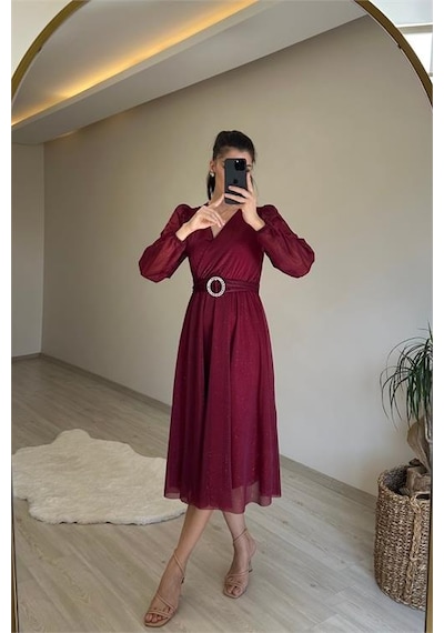 Neşeli Butik Kadın Kruvaze Yaka Tokalı Midi Boy Işıltılı Elbise Nm009 Bordo