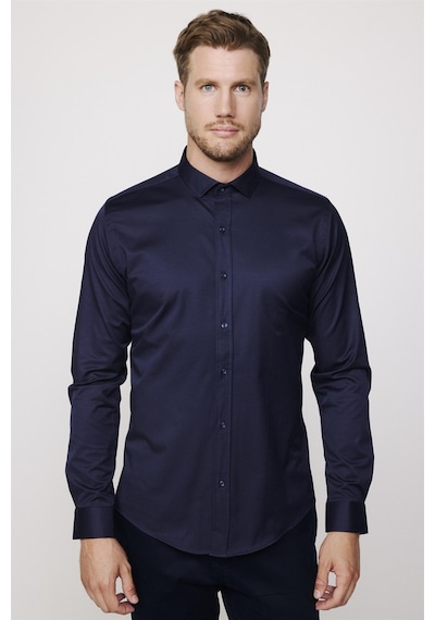 Tudors Slim Fit Likralı Düz Pamuk Saten Lacivert Erkek Gömlek-27731-lacivert Lacivert