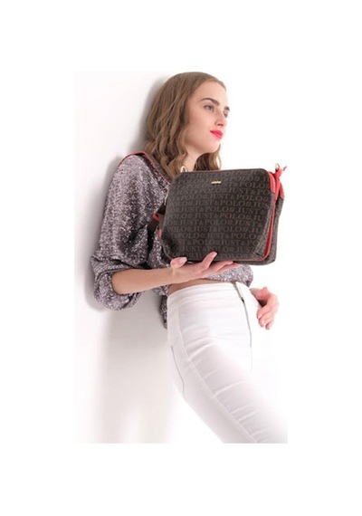 Just Polo Kadın Monogram Baskılı Just & Polo 5 Bölmeli Omuz Çantası Kahverengi - Kırmızı