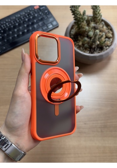 Apple Uyumlu iPhone 15 Pro Max Standlı Ve Yüzüklü Magsafe Kılıf Soocase721 Turuncu