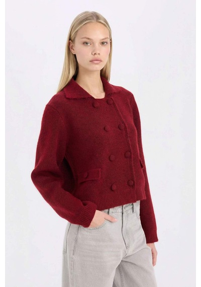 DeFacto Regular Fit Polo Yaka Basic Düz Düğmeli Triko Hırka E2289AX24WNBR93 Bordo