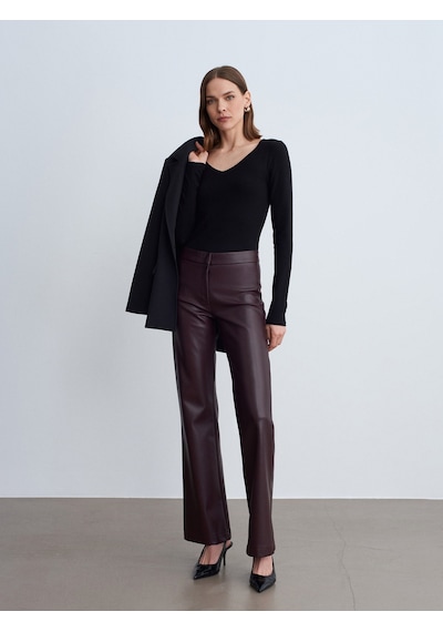 Dilvin 72237 Suni Deri Çan Paça Pantolon-bordo Bordo