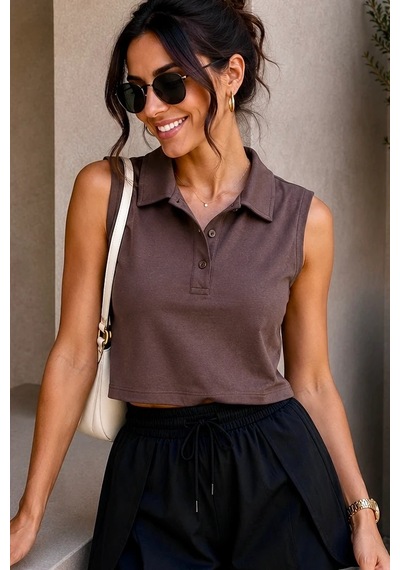 Bbbutikbasic Polo Yaka Kolsuz Crop Bluz My3535 Kahverengi