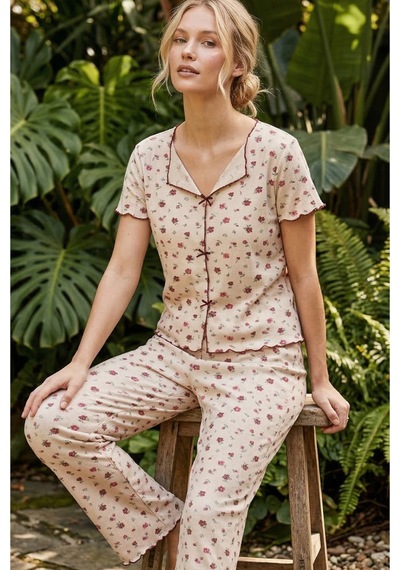 Siyah İnci Fitilli Kaşkorse Örme Pijama Takım 26120553 Ten Rengi