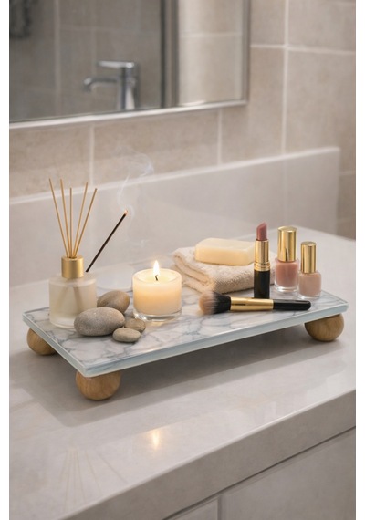 Mermer Desenli Cam Yağlık Sirkelik Bambu Ayaklı Sunumluk, Sabunluk,dekorluk Organizer Stand 24x14 Cm