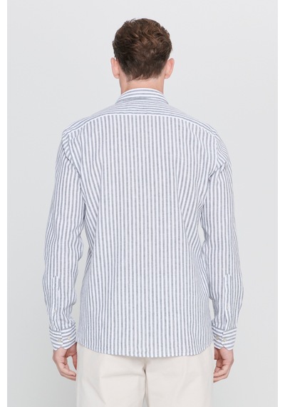 AC&Co / Altınyıldız Classics Erkek Beyaz Hakı Slim Fit Dar Kesim Düğmeli Yaka Çizgili Keten Gömlek Beyaz Hakı