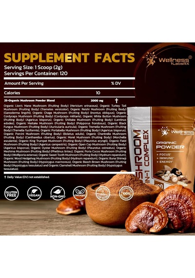 Wellness Mushroom 25 In 1 Complex -organic Powder - Focus - Immune - Energy 2000mg - 120 Servis
