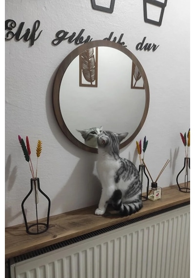 Dekoratik Yuvarlak Ayna 60 Cm Çap Antre Hol Koridor Duvar Salon Mutfak Banyo Ofis Makyaj Aynası - Ceviz Ceviz