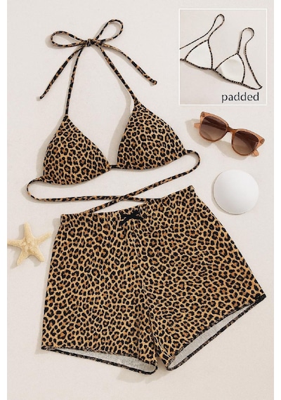 Kadın Leopar Desenli Şortlu Belden Ve Boyundan Bağlamalı Bikini Takımı