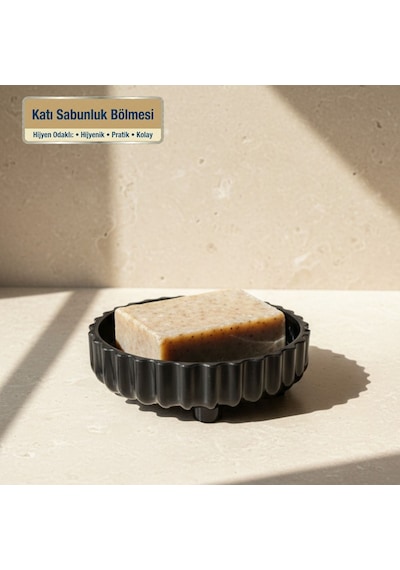 3 Parça Banyo Seti Modern Çizgili Tasarım Sıvı Sabunluk Diş Fırçalık Katı Sabunluk Siyah