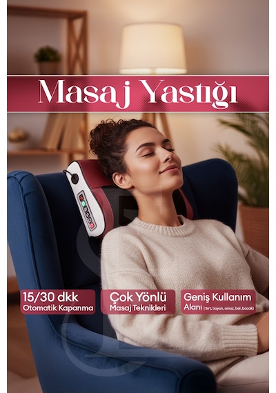 Elektrikli Masaj Yastığı Isıtmalı Yoğurmalı Kademeli Boyun Bel Sırt Araç Çakmaklıklı Adaptörlü Kırmızı