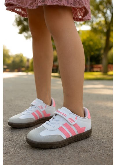 Günlük Unisex Çocuk Sneaker Bağcıklı Hafif Kaymaz Taban Ayakkabı Beyaz - Pembe