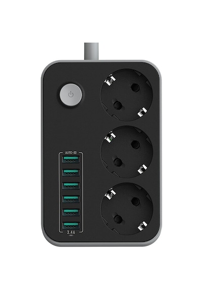 Portatif Tasarım Akım Korumalı 2 Metre 3 Lü Priz 6 Usb Port Çoklu Şarj Aleti