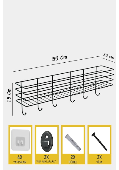 Tezgah Üstü Düzenleyici Baharatlık Organizer Vidalı ve Yapışkanlı Askılı Mutfak Rafı 55 CM Siyah