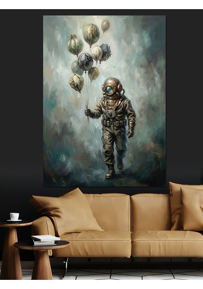 Gökyüzünde Balon Tutan Astronot Tablosu Dekoratif Kanvas - Mdf Ahşap Tablo