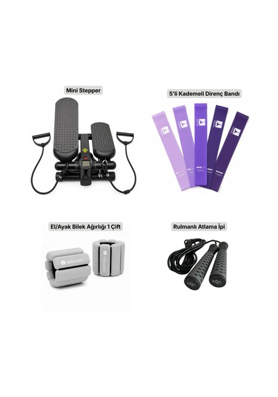 Kardiyo Ve Sıkılaşma Seti - Mini Stepper + El Bilek Ağırlığı + 5'li Direnç Bandı + Atlama İpi