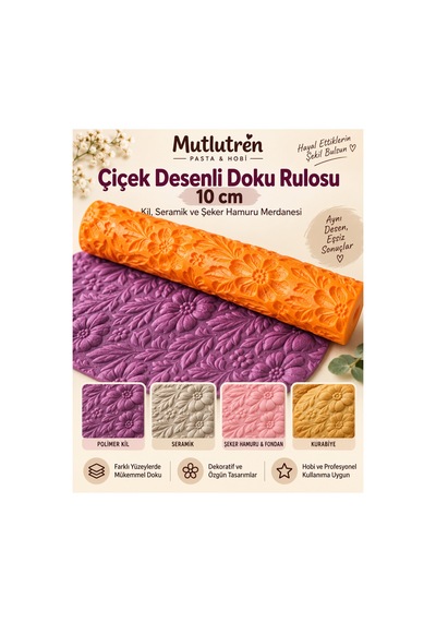 Çiçek Desenli Doku Rulosu 10 Cm Kil, Seramik Ve Şeker Hamuru Merdanesi Çok Renkli