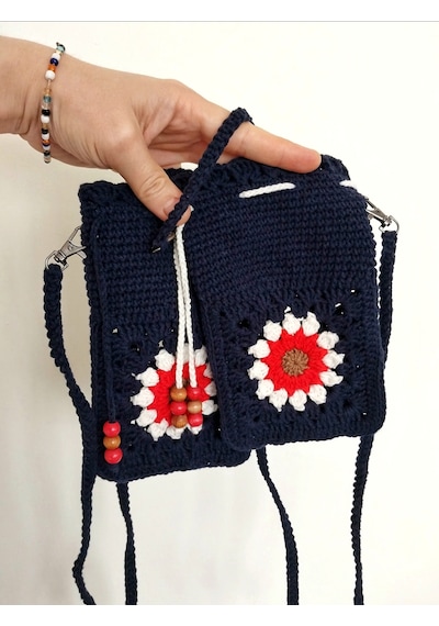 Kemzey Handmade Çiçekli Telefon Çantası, Motifli Tığ İşi Telefonluk, El Yapımı Telefon Kılıfları Kırmızı - Lacivert
