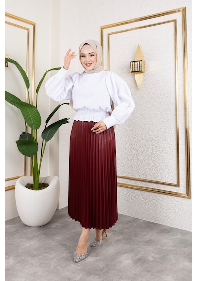 Hira Life Fashion Kadın Tesettür Giyim Ve Deri Görünümlü Beli Lastik Detayı İle Piliseli Uzun Etek Bordo Bordo Hira Life Fashion Kadın Tesettür Giyim Ve Deri Görünümlü Beli Lastik Detayı İle Piliseli Uzun Etek Bordo Bordo