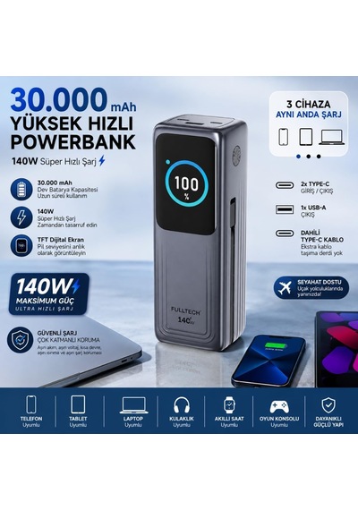 Yüksek Hızlı Powerbank, Dijital Göstergeli Powerbank, 30.000 Mah Batarya, 140w Hızlı Şarj, 2x Type-c Girişi, 1x