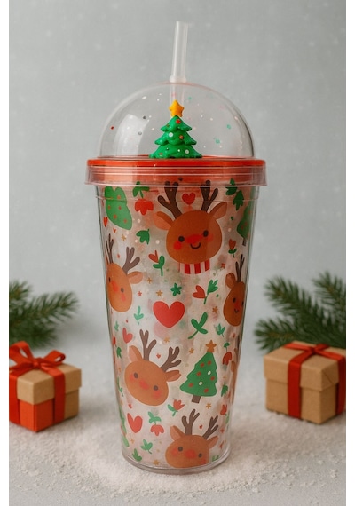 Sevimli Geyikli Kar Tanesi Noel Ağacı Desenli Süslemeli Renkli Pipetli Kupa Bardak Suluk 450ml 2768c Çok Renkli