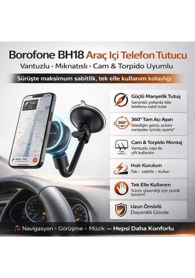 Borofone Bh18 Araç İçi Telefon Tutucu Vantuzlu Mıknatıslı Cam Ve Torpido Uyumlu