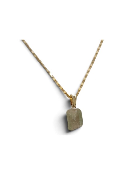 Doğal Yeşil Turmalin Taşlı Doğal Kütle Kesim Gold Kulp Detaylı Çelik Zincirli Kolye