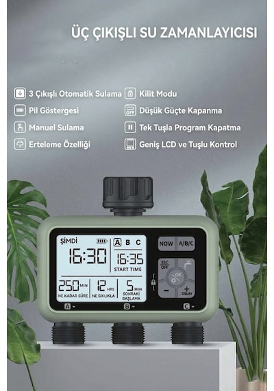 3 Çıkışlı Akıllı Bahçe Sulama Zamanlayıcısı Yağmur Geciktirme Ve Ip55 Su Geçirmez
