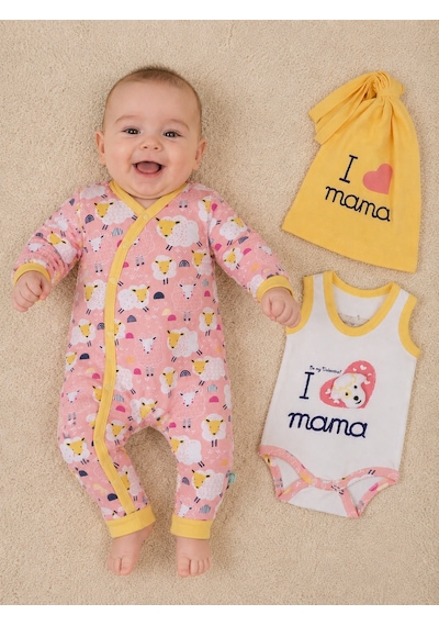 Babyhola Bebek Çıtçıtlı Badi Tulum Bere 3'lü Takım %100 Pamuk Annemi Seviyorum Yazılı 587-8 Pembe