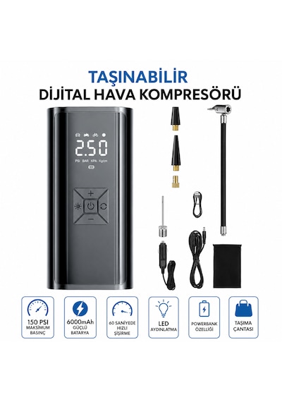 Kablosuz Hava Kompresörü 150 Psı 6000 Mah Dijital Lastik Şişirme Pompası 120w Led Ekranlı Taşınabilir -