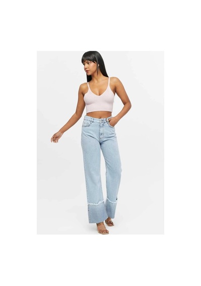 Kene Jeans Yüksek Bel Taş Yıkama Ters Paça Püskül Detaylı Kot Jeans Taş Yıkama