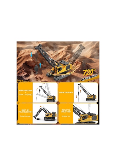 Dev Boy 40 Cm. Duman Çıkaran 12 Kanal 680 Derece Dönebilen Oyuncak Kepçe Metal Uzaktan Kumandalı Şarjlı Dozer Vinç