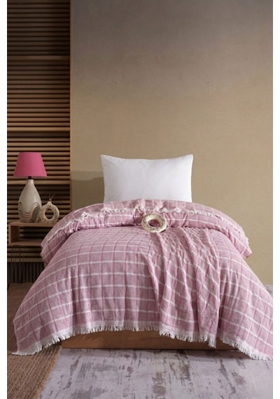 Miracolo Home Pembe Müslin 4 Katlı Yatak Örtüsü Pike Tek Kişilik Pamuklu Pike 170x205