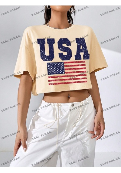 Flood Of Style Crop Ckod-232913 Americana Bayrağı Baskılı Damla Omuz Kısa Turuncu