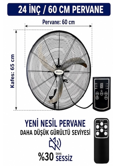 Muzeko Mzk600 24 Inç 60cm 160w Zaman Ayarlı Kumandalı Duvar Tipi Sanayi Vantilatör Evde Kullanım İçin Uygun Değildir