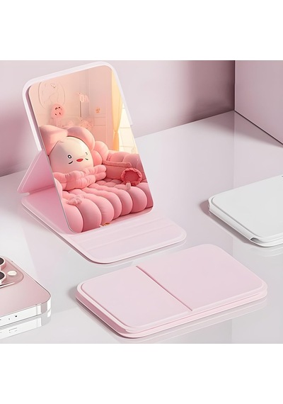 Katlanabilir Stantlı Makyaj Aynası / Pembe Deri Çanta Boyu Mini Ayna 723190 Genel