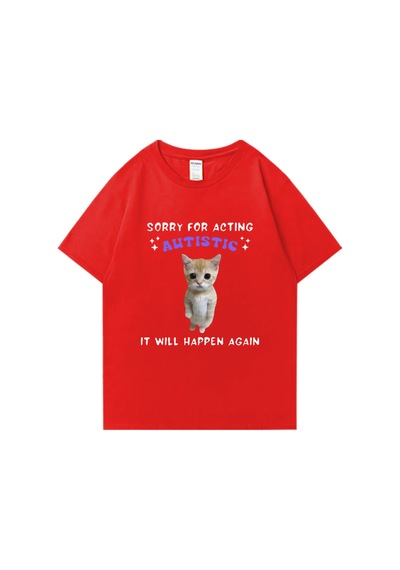 Flood Of Style Sıcak Satış Otizm Kedi Komik Grafik Baskı T-shirt Erkek Kadın Casual Tops Kısa Kollu Giysiler Kırmızı