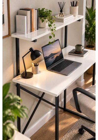 Sulorahome Raflı Çalışma Masası Beyaz Ve Siyah Metal Ayaklı Beyaz - Siyah Sulorahome Raflı Çalışma Masası Beyaz Ve Siyah Metal Ayaklı Beyaz - Siyah