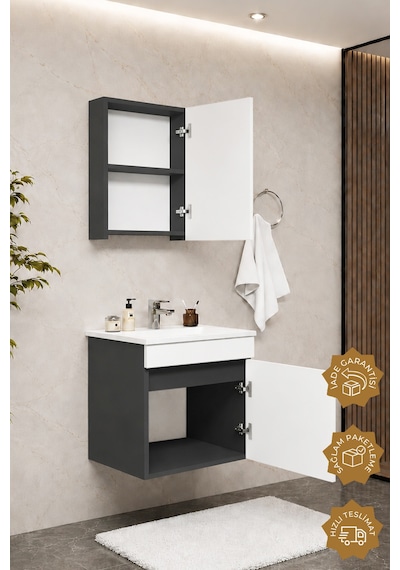 Teta Home Tokyo 55 Cm Mdf Banyo Dolabı Seti Antrasit - Beyaz