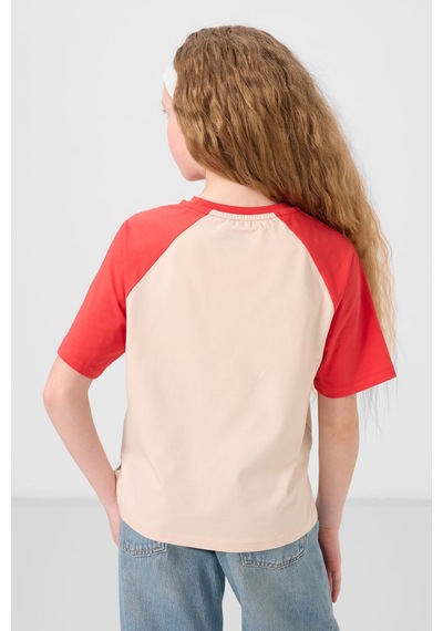 Bej O Yaka Pamuklu Baskılı Oversize Fit Kız Çocuk T-shirt - 75179 Bej
