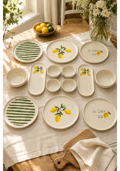 Amalfi 14 Parça 6 Kişilik Seramik Stackable Kahvaltı Takımı Limon Desenli Ayaklı Sunumluklu Sofra Seti Beyaz