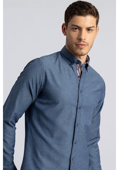 Tudors Slim Fit Dar Kesim Uzun Kol Poplin Oxford Erkek Gömlek-12622 Lacivert
