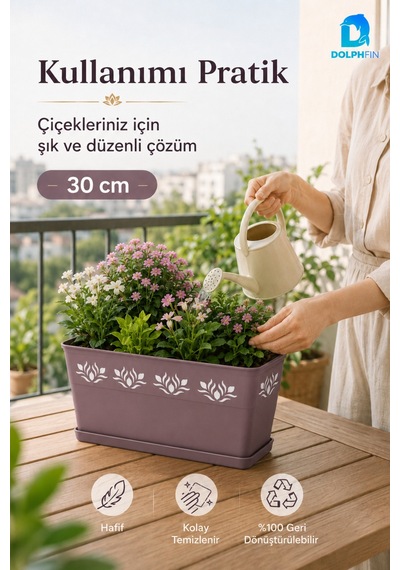 Desenli Dikdörtgen Balkon Saksısı 30x16,5x14,5 Cm Tabaklı Plastik Çiçek Saksısı Mürdüm