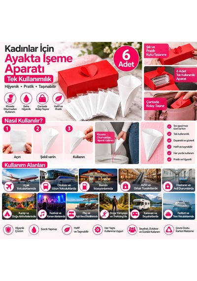 Kadın Ayakta İşeme Aparatı 6'lı Tek Kullanımlık Kadın Pisuvarı, Hijyenik Tuvalet Ve Seyahat Aparatı Kırmızı Kutulu