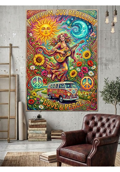 Hippie Love Peace Güneş Karavan Dekoratif Kanvas - Mdf Ahşap Tablo Çok Renkli