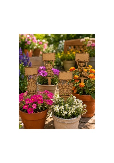 Arliadesign Kendin Boya Ahşap Bitki Etiketi 4 Lü 10x30 Cm Eğlenceli Böcek Figürlü Bahçe Ve Saksı Süsü, Ham Mdf